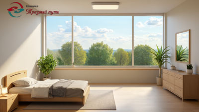 Кровать, тумбочка, комод, окно