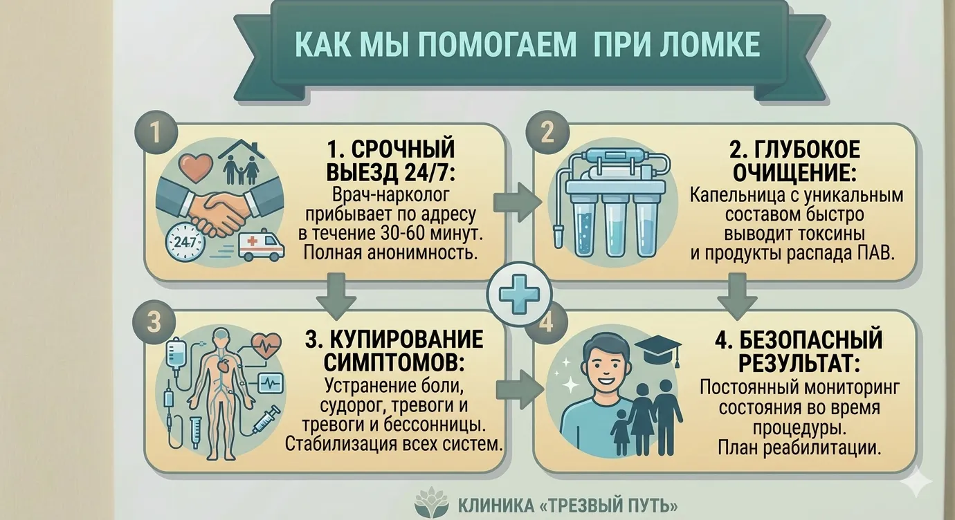Инфографика: процесс и преимущества снятия ломки капельницей в клинике Трезвый Путь